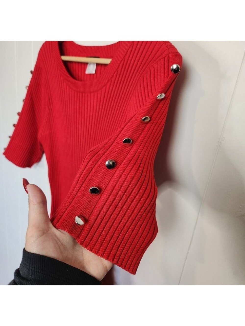 Venus Red Ribbed Stretch Bodycon Knee Length Dress Short Sleeve Size 2X New - Picture 3 of 8
